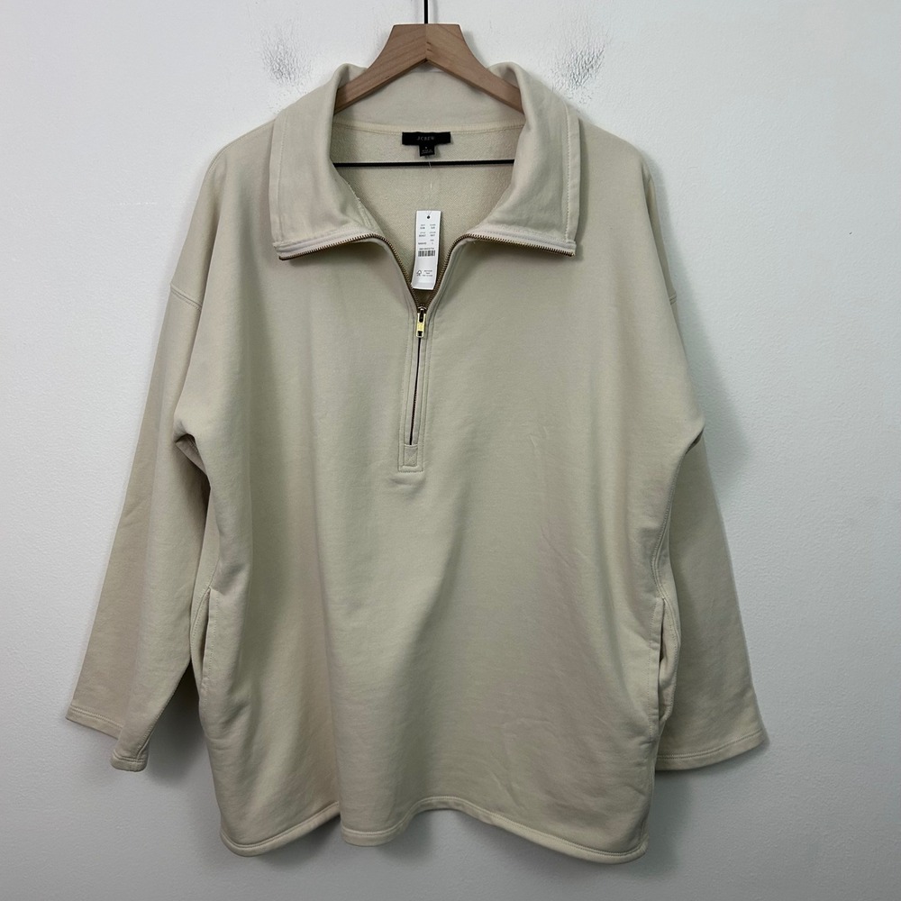 J.Crew Womens University Terry Long  Half Zip‎ Tunic Sweatshirt cream Size Large